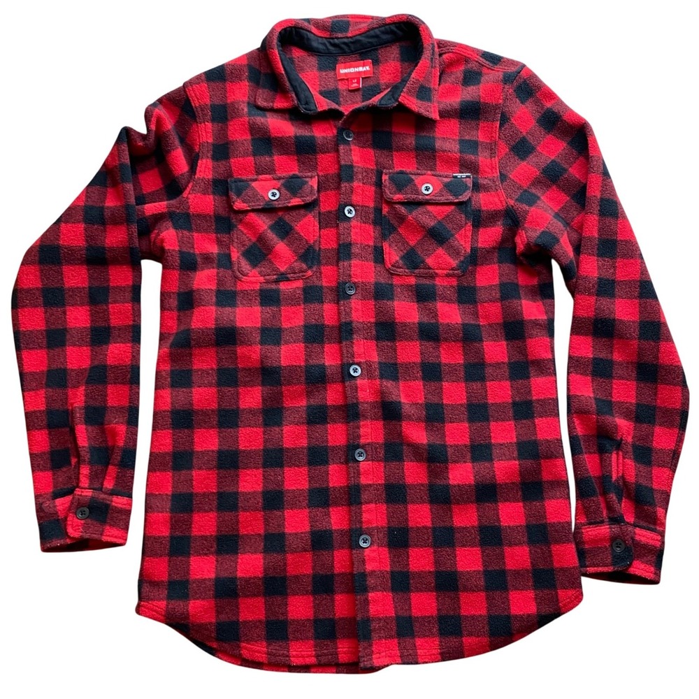 Unionbay Mens Large Tall Red Black Buffalo Plaid Fleece Button Down Flannel